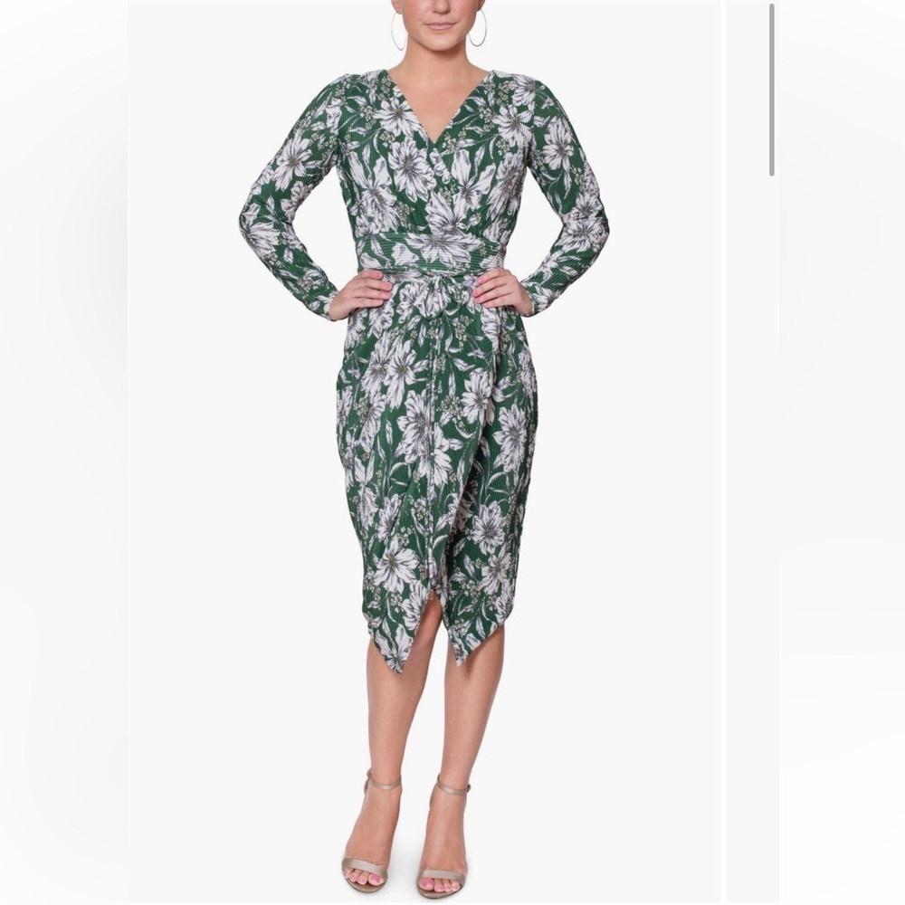 Rachel Roy Sylvia Foil Print Wrap Midi Dress Large Spruce Bloom Floral Green EUC